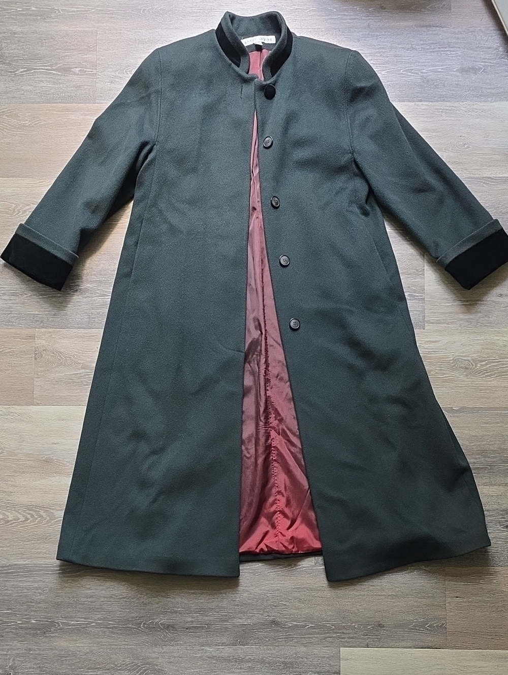 Vintage Larry Levine Deep Forest Green Wool Long Coat Velvet Trim Stand Collar 8